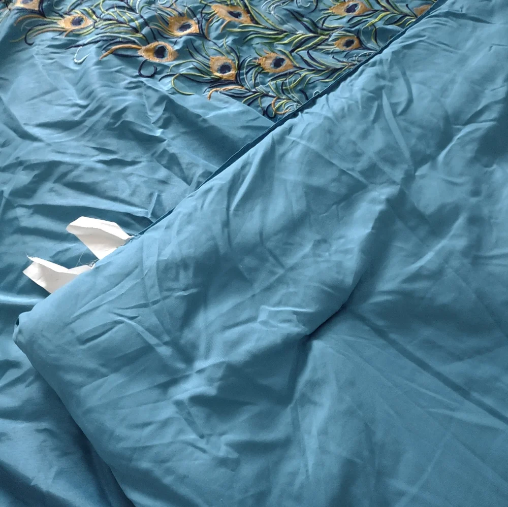 Embroidered peacock comforter set 4 items set faux silk